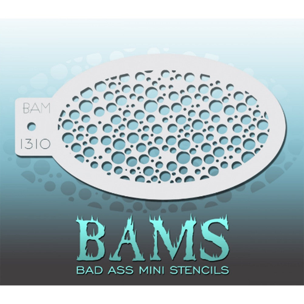 Bad Ass Mini Stencils are oval shaped, with a hole in the end for easy storage on a chain. Chain not included. Each stencil measures 5&quot; x 3.5&quot; (outer dimension).&lt;br&gt;&lt;br&gt;Stencil Style - BAM 1310 - Bubbles&lt;br&gt;&lt;br&gt;The Bad Ass line of stencils, launched by famous body paint artist - Andrea O&#39;Donnell, are high quality, flexible, fun stencils that take body painting to the next level. These high grade mylar stencils are thin and work great for adding details to your designs. Bad Ass Stencils can be used anywhere 