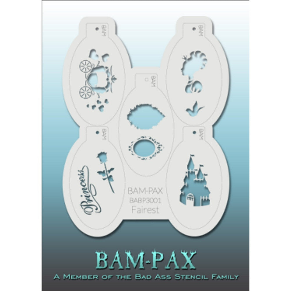 BAM PAX Stencil Sheet - BABP3001 - Fairest contains 5 related stencil designs in the princess and fairy theme. Designs in this sheet are great for parties and other events. They are perfect for creating a variety of body and face painting designs quickly and easily. Each stencil is approximately 5&quot; x 3&quot; in size. Each sheet comes with a metal chain. Stencils can be detached from the sheet and can be conveniently stored together using this chain.&lt;br /&gt;&lt;br /&gt;The Bad Ass line of stencils, launched by famous bod