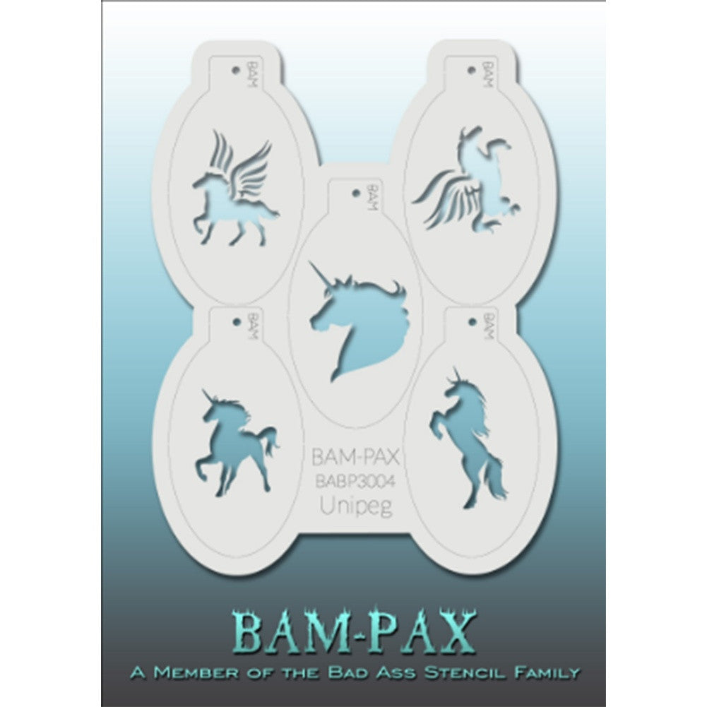 BAM PAX Stencil Sheet - BABP3004 - Unipeg contains 5 related stencil designs in the unicorn theme. Designs in this sheet are great for parties and other events. They are perfect for creating a variety of body and face painting designs quickly and easily. Each stencil is approximately 5&quot; x 3&quot; in size. Each sheet comes with a metal chain. Stencils can be detached from the sheet and can be conveniently stored together using this chain.&lt;br /&gt;&lt;br /&gt;The Bad Ass line of stencils, launched by famous body paint arti